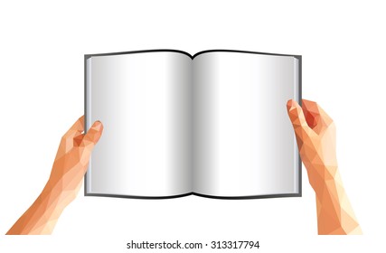 polygonal hands holding an open book with blank pages on white background