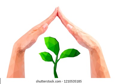 polygonal hands protection vector green sprout tree ecology earth day