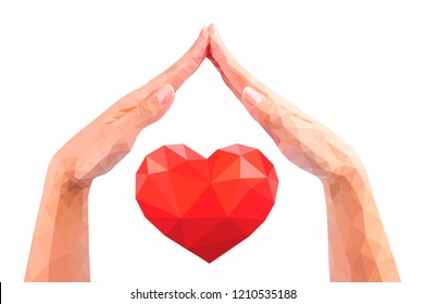 polygonal hands protection vector heart stock valentines day set