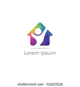 Polygonal Happy home real estate construction building company vector logo icon, Low poly people home, apartment for students, hostel logo