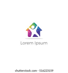 Polygonal Happy home real estate construction building company vector logo icon, Low poly people home, apartment for students, hostel logo