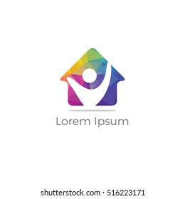 Polygonal Happy home real estate construction building company vector logo icon, Low poly people home, apartment for students, hostel logo