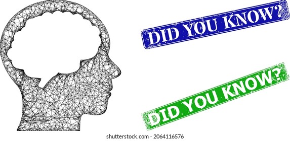 Polygonal head brain image, and Did You Know query blue and green rectangular unclean seals. Polygonal wireframe illustration is created from head brain icon.