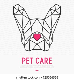 Polygonal head of french bulldog with nose in heart shape. Pet care concept for vet clinic, pet shop or adoption centre. Vector illustration of dog silhouette.