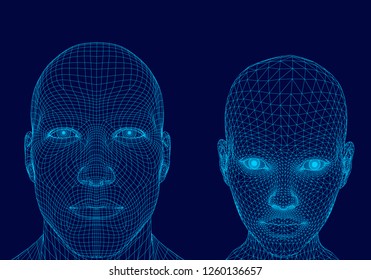 Polygonal head of man and girl. Wireframe head human. 3D. Dark blue background. Vector illustration.
