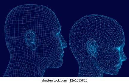 Polygonal Head Of Man And Girl. Wireframe Head Human. 3D. Side View. Dark Blue Background. Vector Illustration.