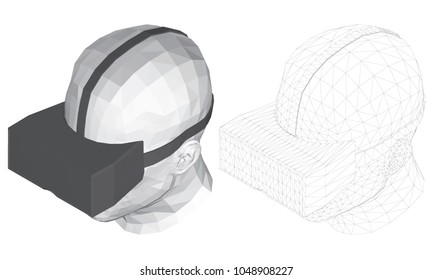 Polygonal head of a man in virtual reality glasses. Isometry. The head of a man in black glasses of virtual reality 3D. Mesh covering the head. Two heads with different cover. Vector illustration.