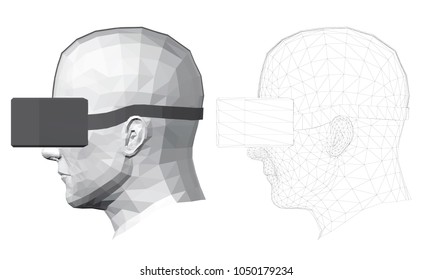 Polygonal head of a man in virtual reality glasses. Side view. The head of a man in black glasses of virtual reality 3D. Mesh covering the head. Two heads with different cover. Vector illustration.