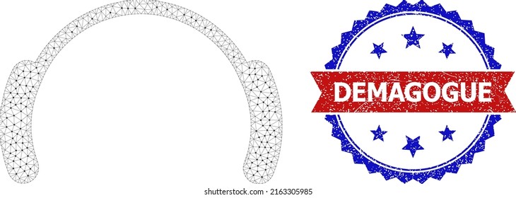 Polygonal head phones wireframe icon, and bicolor unclean Demagogue seal. Polygonal carcass image is designed with head phones icon. Vector seal with Demagogue tag inside red ribbon and blue rosette,
