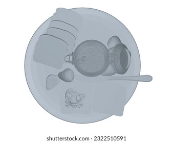 Polygonal healthy morning food and breakfast meals hand drawn with polygonal on white background - toasts, strawberry. Vector illustration. 3D.