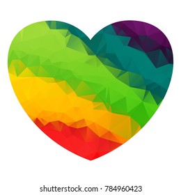 Polygonal heart of the color of the rainbow. Flag and symbol of gay pride, LGBT love. Vector low poly illustration. Objects isolated on white background.