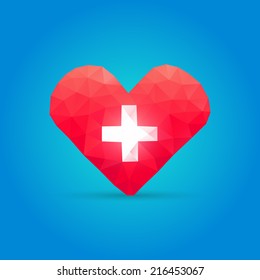 Polygonal heart and cross - vector medical low-poly illustration 