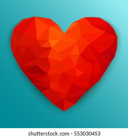 Polygonal heart. Low poly design on blue background with shadow. Abstract red shape. Vector illustration.