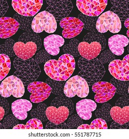 Polygonal heart on a black background seamless pattern. Valentine's Day. Vector
