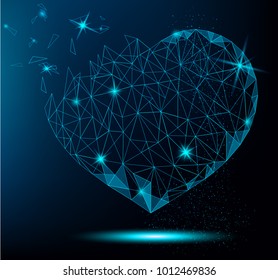 Polygonal heart on blue background for greeting card, poster, flyer, invitation. Vector illustration for holiday.