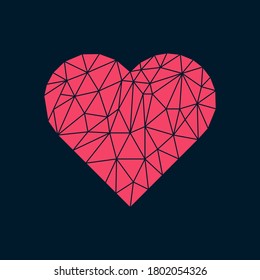 Polygonal heart on dark backdrop . Vector Illustration. Abstract polygonal heart. Love symbol. Low poly style