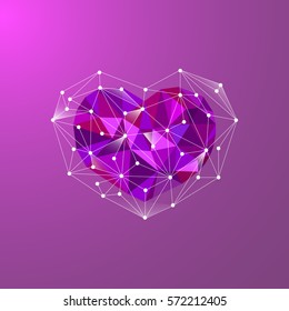 Polygonal heart on purple background. Low poly vector love symbol.