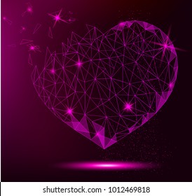 Polygonal heart on violet background for greeting card, poster, flyer, invitation. Vector illustration for holiday.