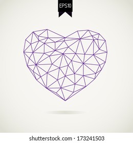 Polygonal heart on white backdrop with shadow. Vector Illustration. Abstract polygonal heart. Love symbol.  Low poly style