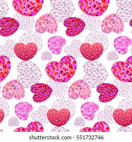 Polygonal heart on a white background seamless pattern. Valentine's Day. Vector