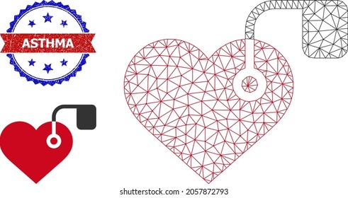 Polygonal heart pacemaker model icon, and bicolor dirty Asthma stamp. Polygonal wireframe illustration is based on heart pacemaker icon.