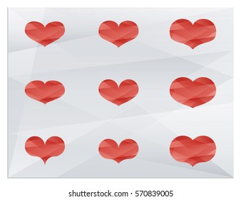 Polygonal heart. A set of isolated vector icons signs illustration of 9 hearts on the polygonal background.