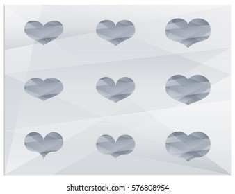 Polygonal heart. A set of isolated vector 9 hearts on the polygonal background.