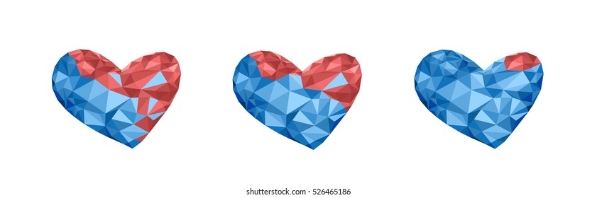 Polygonal Heart set  in Vector. Blue and Red
