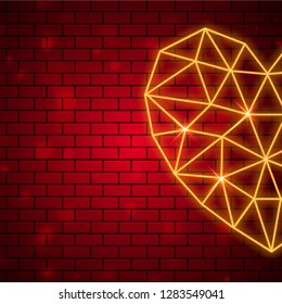 Polygonal heart shape with neon lighting effect on brown brick wall background for valentine's day celebration concept.