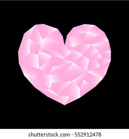 Polygonal heart vector illustration. Pink heart on black background square image. Valentine Day card or banner template. Low Poly Heart with shiny diamond effect. Love and romance pink diamond icon