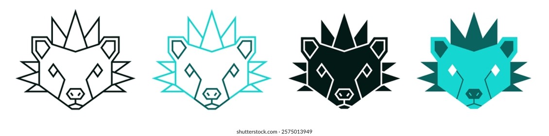 Polygonal hedgehog head icon set. Low poly porcupine face. Line or solid logo design for web, app, branding. Minimalistic symbol. Modern illustration. Polygon pet. Geometric art style. Editable vector