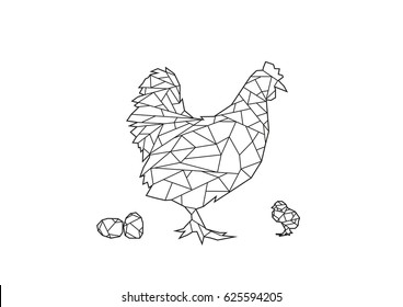 Polygonal Hen Farm Animal with eggs and chick. Editable Clip Art.