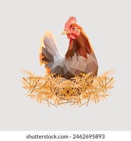 polygonal hen on the nest Hen in low polygon style on white background, vector illustration