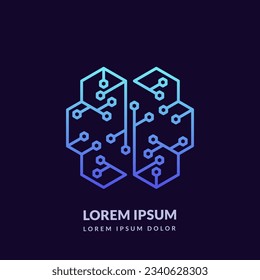 Polygonal hexagon human brain logo sign emblem design template. Abstract artificial intelligence vector illustration. Concept for neural networks, education, innovation high technology