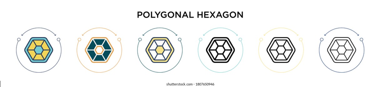 Icono de hexágono poligonal en forma de relleno, delgada línea, contorno y trazo. Ilustración vectorial de dos íconos vectores de hexágono polígono de color y negro se puede utilizar para móviles, ui, web