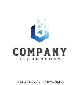 Polygonal Hexagon Tech Logo Design Vector Stock. Digital box Logo Design Template. Cube Logo Pixel Geometric Design shattered