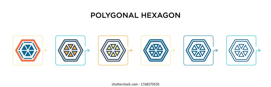 Icono vector hexagonal poligonal en 6 estilos modernos diferentes. Iconos hexágonos polígonos negros de dos colores diseñados en un estilo relleno, contorno, línea y trazo. La ilustración vectorial puede utilizarse para la web, 