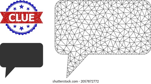 Polygonal hint cloud carcass illustration, and bicolor textured Clue stamp. Polygonal wireframe illustration designed with hint cloud icon.