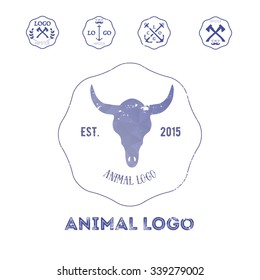 Polygonal hipster logo with head of buffalo in violet color with gradient.