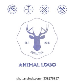 Polygonal hipster logo with head of deer in violet color with gradient.