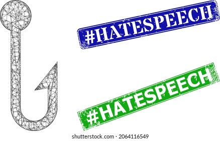 Polygonal hook model, and hashtag Hatespeech blue and green rectangle dirty stamp seals. Mesh carcass illustration is created from hook icon. Stamp seals include hashtag Hatespeech caption inside