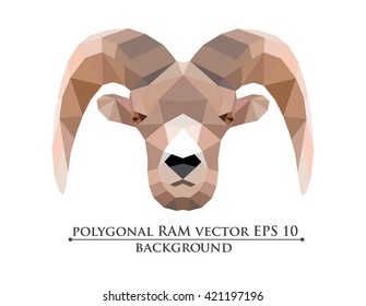 polygonal horned ram on a white background. Vector brown image, detailed illustration. Forest theme picture. Web design, page icon element.