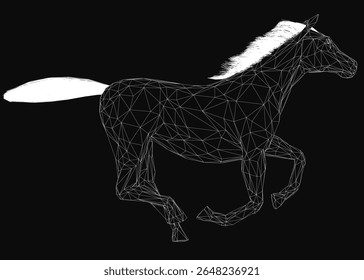 Polygonal horse galloping dynamically on a black background, composed of intricate geometric shapes and sharp lines. The abstract design features a sleek, futuristic aesthetic with a monochrome color.