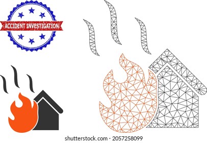 Polygonal house fire frame icon, and bicolor scratched Accident Investigation seal. Polygonal carcass symbol is designed with house fire icon.