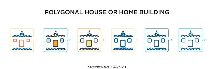 Polygonal house or home building vector icon in 6 different modern styles. Black, two colored polygonal house or home building icons designed in filled, outline, line and stroke style. Vector 