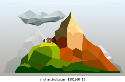 Polygonal house on the mountain. Triangular Pieces. Clouds and sky.