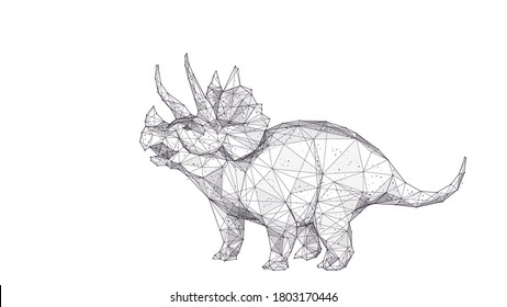 Polygonal huge 3d triceratops with horns isolated in white background. Abstract hand drawing of triceratops dinosaur consists of black lines, dots and triangles. Vector animal sketch concept
