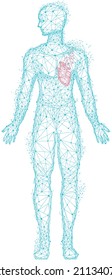 Polygonal human body with anatomical heart. Treatment of diseases, heartache, heart attack diagnostics. Medical research of internal organ, innovative approach. Organ of human cardiovascular system