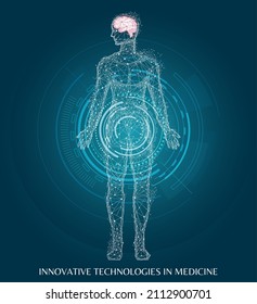 Polygonal human body with highlighted brain. Brain disease, headache, migraine treatment. Medical research of internal organs, innovative approach concept. Organ of human central nervous system