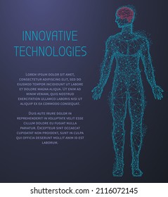 Polygonal human body with highlighted brain. Brain disease, headache, migraine treatment. Medical research of internal organs, innovative approach concept. Organ of human central nervous system